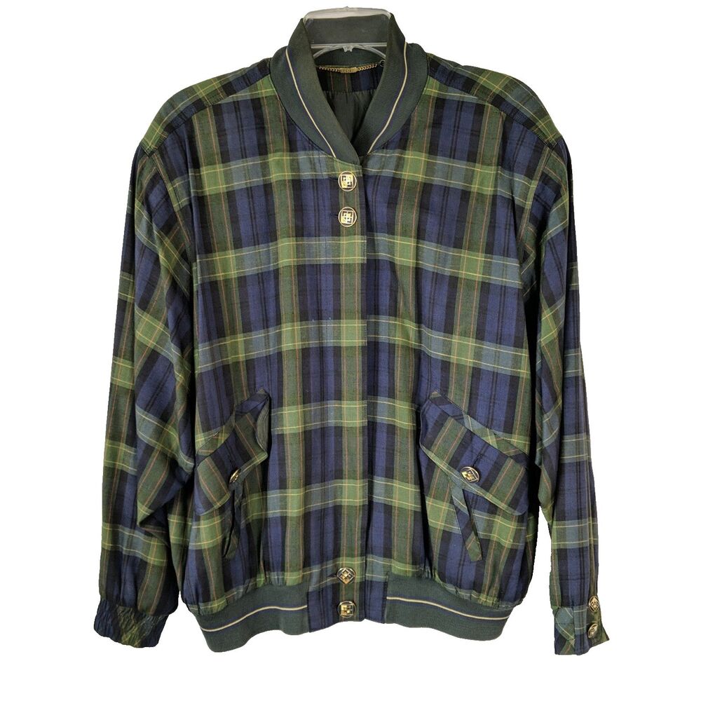 BASLER Vintage Navy Green Tartan Plaid Jacket Gold Enamel Button Women Large